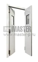 Дверь стальная маятниковая двухстворчатая остекленная