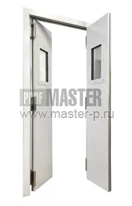 Дверь стальная маятниковая двухстворчатая остекленная | Фото 23208